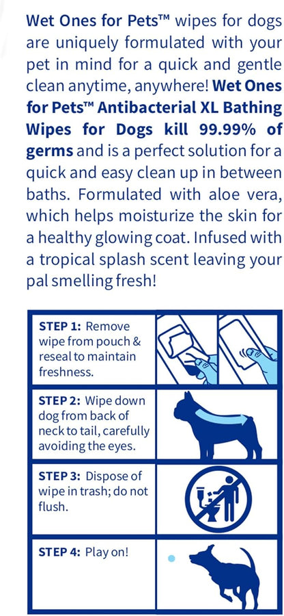 Wet Ones for Pets Multipurpose Dog Wipes with Aloe Vera, Tropical Splash Scent - Extra Large Pet Bathing Wipes with Wet Lock Seal for Dog Paws & All Over Use, 10 Count