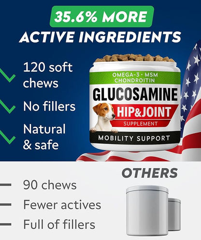 Glucosamine Treats for Dogs - Joint Supplement w/ Omega-3 Fish Oil - Chondroitin, MSM - Advanced Mobility Chews - Joint Pain Relief - Hip & Joint Care - Peanut Butter Flavor - 180 Ct - Made in USA