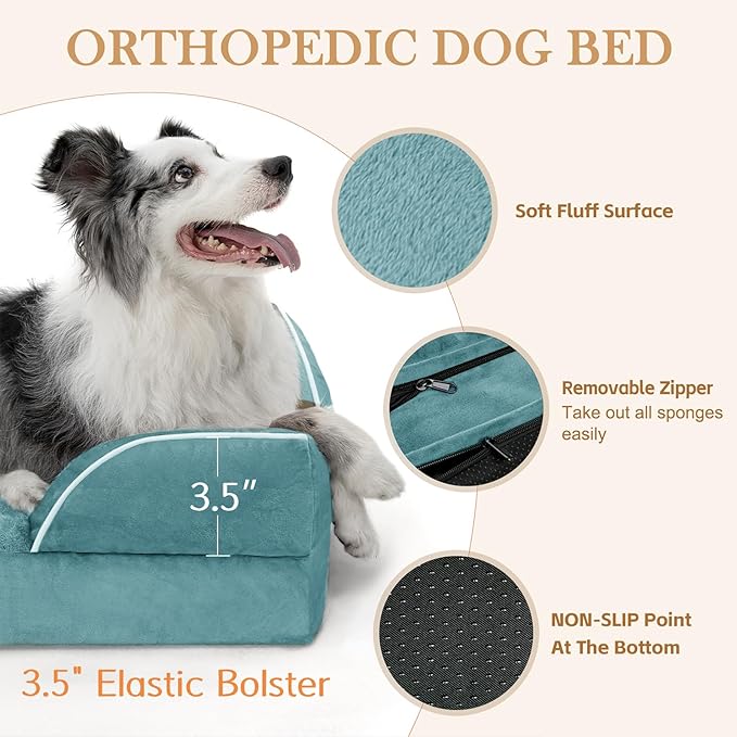 Comfort Expression Orthopedic Dog Bed for Medium Dogs 28x19 Inch, Waterproof Egg Crate Foam Medium Pet Bed with Removable Bolsters, Dog Couch with Washable Cover & Non-Slip Bottom, Washed Blue