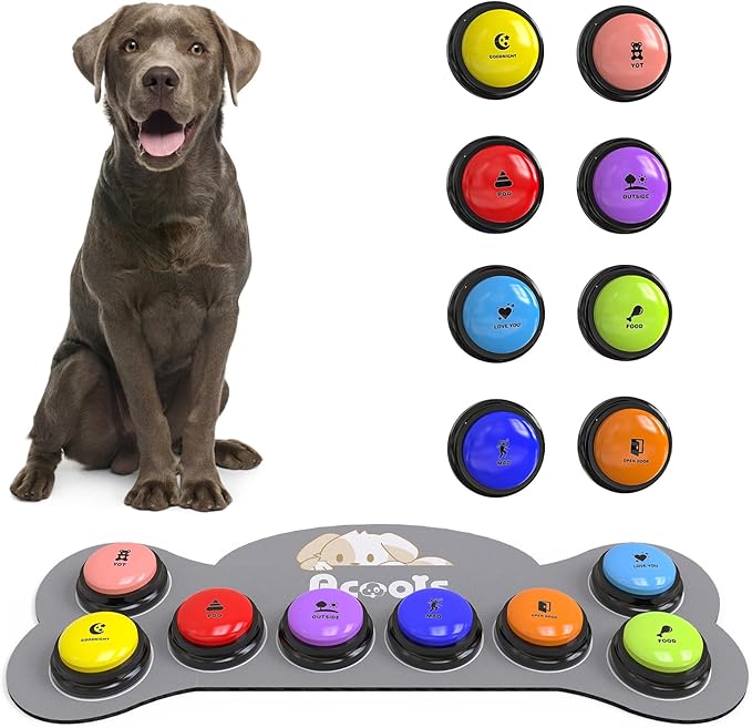 Dog Buttons for Communication, 8 Dog Talking Button Set, 30s Recordable Voice Pet Buzzer Training Buttons, Speaking Button for Dogs with Anti-Slip Dog Buttons Talk Mat and 24 Scene Stickers