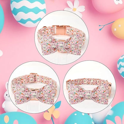 Easter Dog Collar with Bow Tie - Pink Easter Bunny Bowtie Dog Collar Adjustable Heavy Duty Spring Easter Dog Collars for Small Medium Large Dogs L