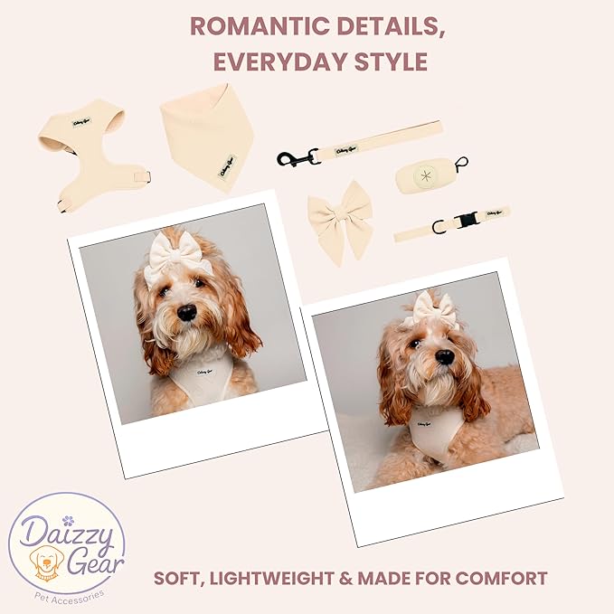 Small Dog Harness Set – Cute No Pull, All Weather, Breathable Harness and Leash Set with Collar, Bandana, Sailor Bow & Poop Bag Holder – Adjustable, Soft & Stylish - Cream Hearts on Jacquard Fabric