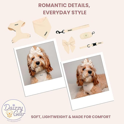 Small Dog Harness Set – Cute No Pull, All Weather, Breathable Harness and Leash Set with Collar, Bandana, Sailor Bow & Poop Bag Holder – Adjustable, Soft & Stylish - Cream Hearts on Jacquard Fabric