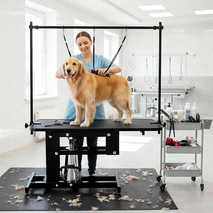 Garvee 43.3" Hydraulic Dog Grooming Table for Pet, Heavy Duty Structural Hydraulic Max Load 350Lbs Professional Pet Grooming Table with Adjustable Overhead Arm & Noose Height Range 22''-39'' (Black)