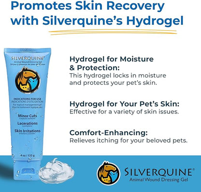 Silverquine Dog Wound Care Gel - Hot Spot Gel Solution for Dogs and Cats - Safe If Licked, Odorless Silver Hydrogel Ointment for Pets Cuts, Burns, Scratches, Sores and Skin Concerns - 4.0 Oz