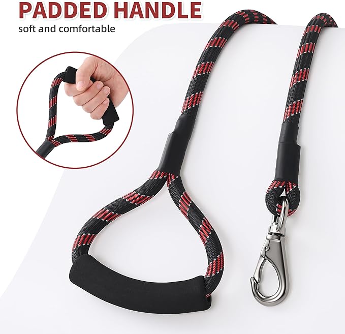 Mile High Life Reflective Dog Leash, with Comfortable Padded Handle, Black Nylon Rope Leash with Steel Tips, Heavy Duty 4 Feet Pet Leashes (Black Red,48 Inches)