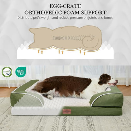 Comfort Expression Orthopedic Dog Bed for Large Dogs 38x25 Inch, Waterproof Supportive Egg Crate Foam Large Pet Bed with Removable Bolster, Dog Couch with Washable Cover & Non-Slip Bottom, Light Green