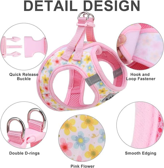EXPAWLORER Dog Harness and Leash Set - Cute Puppy Harness Leash Dog Collar with AirTag Holder Silicone Case, Soft Padded Step in Pet Vest Reflective for Outdoor Walking, Floral L