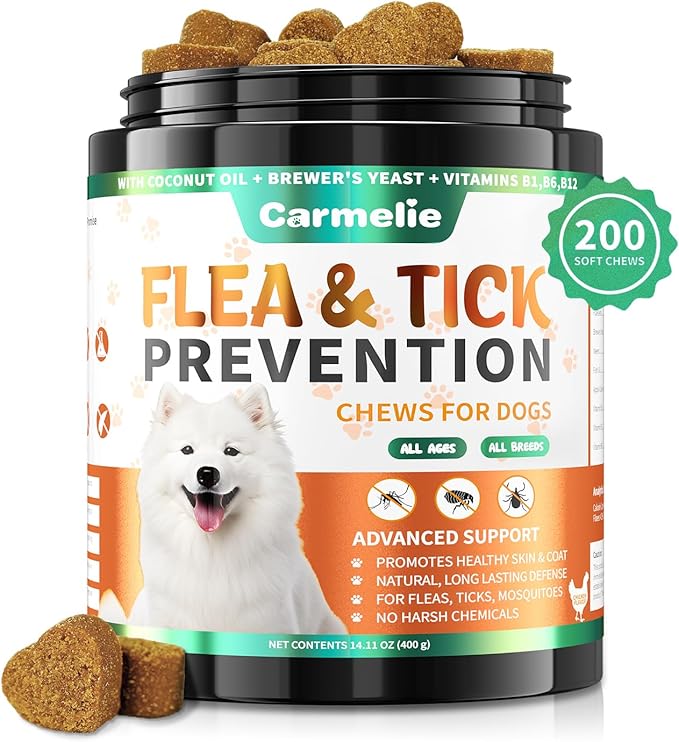 Carmelie Flea and Tick Prevention for Dogs Chewables - 200 Soft Chews Natural Dog Flea and Tick Chewables, Oral Flea Supplement for Dogs, Puppy Flea Support - All Breeds & Ages - Chicken Flavor