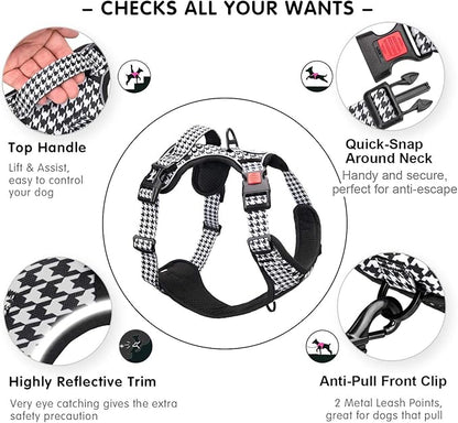 PoyPet No Pull Dog Harness, [Release on Neck] Reflective Adjustable No Choke Pet Vest with Front & Back 2 Leash Attachments, Soft Control Training Handle for Small Medium Large Dogs(Houndstooth,L)