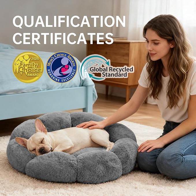 OhGeni 27 inches Calming Donut Dog & Cat Bed for Medium Pets, Warming Comfort Fluffy Short Pile Fur, Durable Machine Washable, Cute Round Bed for Puppy and Kitten, Dark Gray