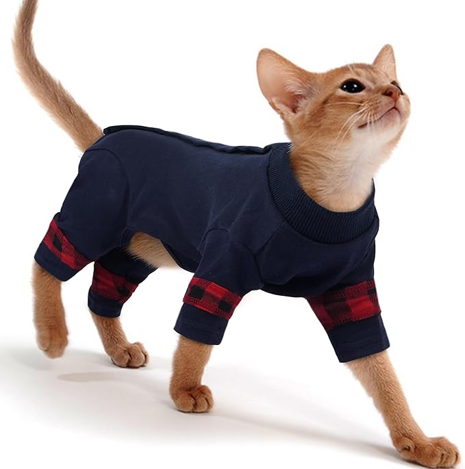 PUMYPOREITY Cat Pajamas, Stretchy 4-Leg Design with Back Buckles for Easy On/Off, Soft Cat Recovery Suit Reduce Wound Licking After Surgery, Kitten Onesie - Machine Washable, XS, Blue