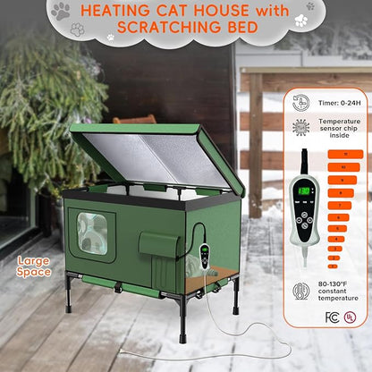 4-in-1 Heated Outdoor Cat House 24.8×22×16.1 inch Weatherproof with Heating Pad, Scratching Bed and Elevated Bed, Waterproof Windproof TPU Rain Cover, Large size Heated Cat House for Outdoor Cats