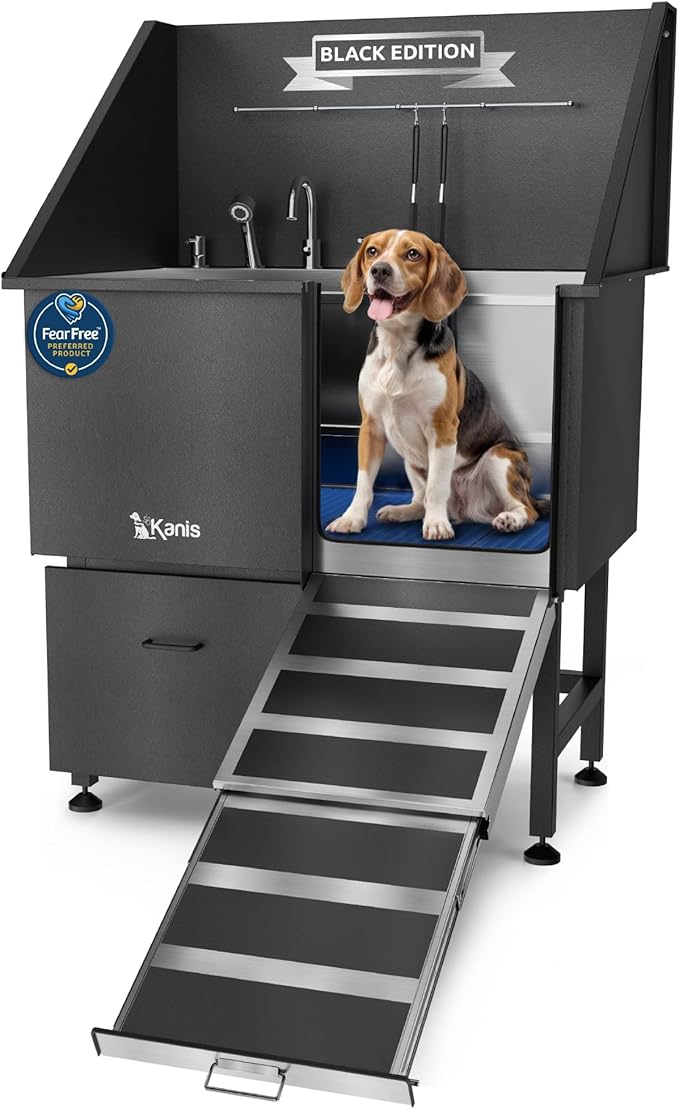 KANIS Professional Dog Washing Station - 304 Stainless Steel Pet Wash Sink & Grooming Bathtub w/Shower, Floor Grates and Storage for Large, Medium & Small Pets (40, Black 1 Drawer - Right RAMP)