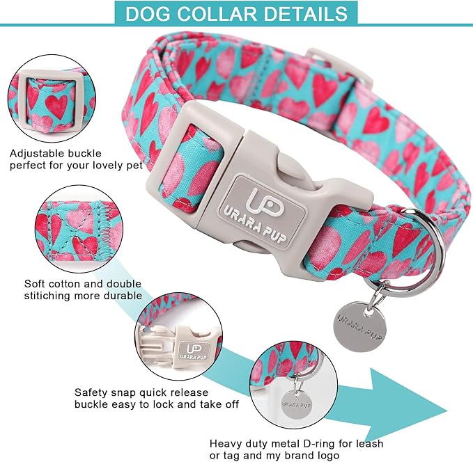 UP URARA PUP Valentine’s Day Dog Collar, Pink Heart Dog Collar with Quick Release, Valentine’s Day Gift Pet Girl Boy Dog Collar for Puppy Small Medium Dogs, Wedding Dog Collar