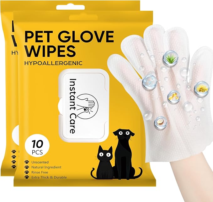 Pet Glove Wipes for Dogs Cats - Unscent Dog Washing Wipes & Waterless Cat Bathing Gloves Cleaning Deodorizing Grooming Wipe for Fur Paws Butt Face, Disposable Rinse Free Shampoo Mittens,20PCS