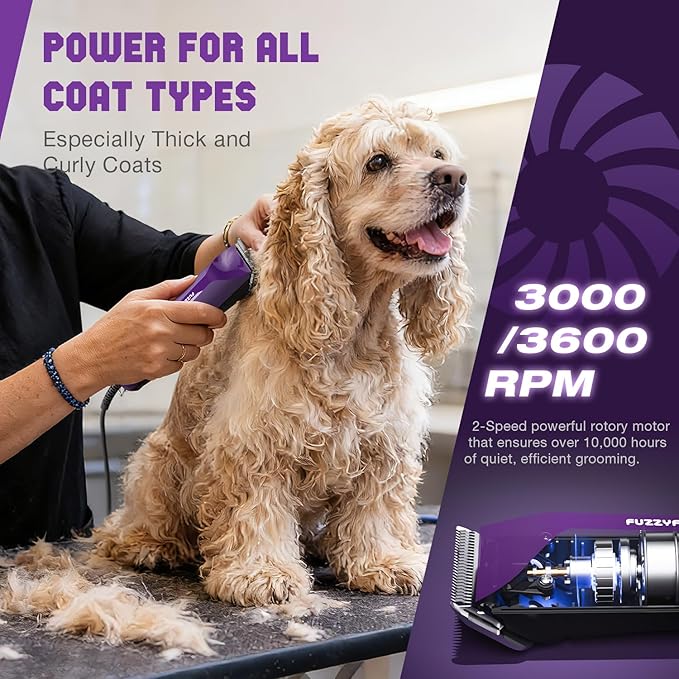 AmpFix Professional Dog/Pet Grooming Clippers - 2-Speed Heavy-Duty Motor, 2 Detachable Blade 8 Metal Combs, 10ft Cord, Runs Cool & Quiet, Anti-Slip Shatter-Proof Housing for All Animal Coats