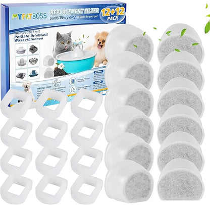 MyfatBOSS 12+12 Pack Cat Water Fountain Filter, Pre-Sponge & Replacement Carbon Filters Compatible with Petsafe for Drinkwell Fountain Avalon Pagoda Seascape Pet Fountains