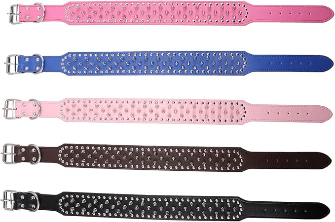 Hoot PU Leather Adjustable Spiked Studded Dog Collar 2" Wide 37 Spikes (M(Neck 19"-22"), Pink)