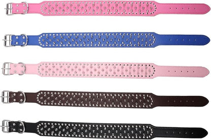 Hoot PU Leather Adjustable Spiked Studded Dog Collar 2" Wide 37 Spikes (M(Neck 19"-22"), Pink)