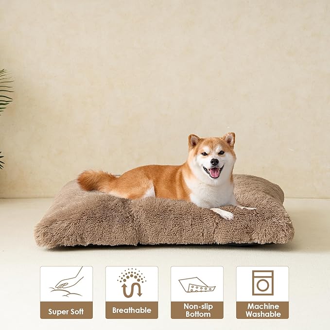 EHEYCIGA Fluffy Dog Crate Bed for Large Dogs, Plush Faux Fur Crate Pad, Calming Anti Anxiety Large Dog Bed, Washable Soft Warm Mat with Non-Slip Bottom, Camel