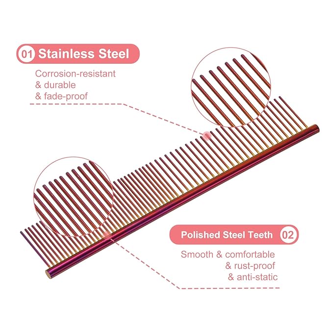 PETAXCELL Dog Cat Comb, Pet Combs Stainless Steel Teeth with Rounded Ends for Knots Mats Loose Hair Removal, 7.5IN (Purple Plated, 3 Pack), Grooming Tool Intended for Long Curly Hair Pet