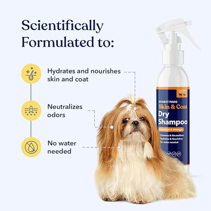 Honest Paws Dog Dry Shampoo - Waterless No Rinse Spray Formula Reducing Itch Cleanse Hydrate Nourish Dry Skin and Smelly Coat Help Decrease Odor Shedding and Allergies - Coconut & Mango - 8 oz