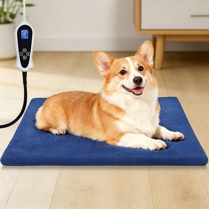 Bestio Cat Heating Pad, 22×18 in Heating Dog Bed Suitable for Medium and Small Pets, Adjustable Thermostat+Constant ON Function with Plush Cover - Blue