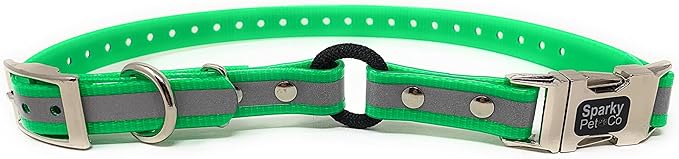 Sparky Pet Co -Zeus ECollar Replacement Strap - Bungee Loop Dog Collar - Waterproof Biothane - Adjustable - Double Buckle - Quick Snap Metal Clasp - Invisible Fence Systems - 3/4" x 28" Green Refl