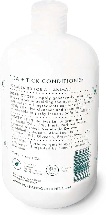 Pure + Good - Flea + Tick Shampoo and Conditioner Set, Therapeutic citronella and Lemongrass, Formulated for All Pets, Gentle and Cleansing, Made in The USA, Cruelty Free, 16 fl oz
