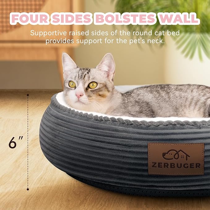 Zerbuger 20in Washable Cat Beds for Indoor Cats - Round Donut Pet Bed for Cats, Small Dogs, Puppy, Kitten - Anti-Slip Bottom, Calming Bed Gift - Dark Grey