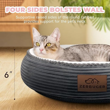 Zerbuger 20in Washable Cat Beds for Indoor Cats - Round Donut Pet Bed for Cats, Small Dogs, Puppy, Kitten - Anti-Slip Bottom, Calming Bed Gift - Dark Grey