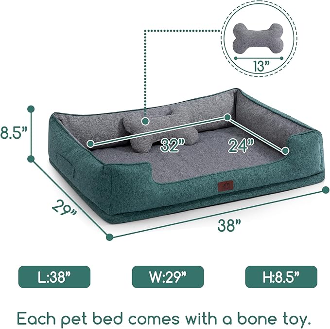Hollypet Orthopedic Rectangle Dog Bed for Large Dogs, Supportive Egg-Crate Foam Pet Beds with Removable Washable Waterproof Cover and Non-Slip Bottom, Green, 38" L x 29" W x 8.5" Th