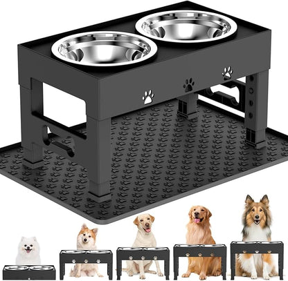 LAKIPETN Elevated Dog Bowls with Mat, Raised Dog Food Bowl Stand with 2 Stainless Steel Bowls, 5 Height Adjustable (3.1", 9", 10", 11", 12") Non-Slip Feeder Set for Medium and Large Dogs – Black