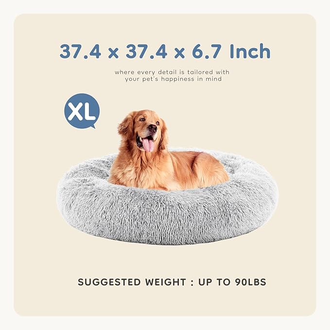 DUMOS 37.4x37.4 Inch Calming Donut Dog Beds for Large Dogs, Machine Washable Cuddler Warming Cozy Fluffy Faux Fur Plush Round Pet Bed Medium Sized Bed for Indoor Dogs and Cats, Grey