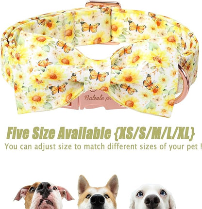 Floral Dog Collar with Bow Tie - Adjustable Yellow Sunflower Bowtie Collar Breathable Comfort Spring-Summer Dog Collars for Small Medium Large Dogs S