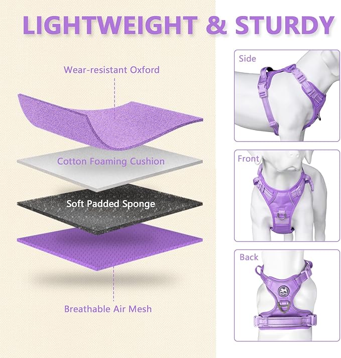 PoyPet No Pull Dog Harness, No Choke Reflective Dog Vest, Adjustable Pet Harnesses with Easy Control Padded Handle for Small Medium Large Dogs(Light Purple Matching Trim,S)