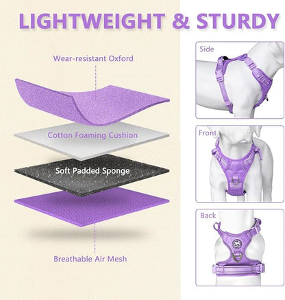 PoyPet No Pull Dog Harness, No Choke Reflective Dog Vest, Adjustable Pet Harnesses with Easy Control Padded Handle for Small Medium Large Dogs(Light Purple Matching Trim,L)