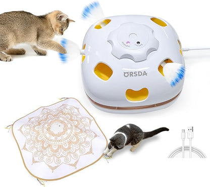 ORSDA Cat Toys for Indoor Cats, 4 in 1 Interactive Automatic Kitten Toys Hide and Seek with Mat, 8 Holes Mice Whack-A-Mole, Moving Wand Teaser Feathers,Rechargeable Electric Exercise Kicker Kitty Toy