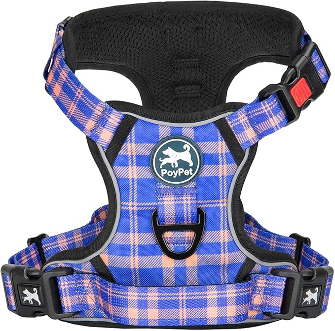 PoyPet No Pull Dog Harness, Reflective Adjustable No Choke Pet Vest with Front & Back 2 Leash Attachments, Soft Control Training Handle for Small Medium Large Dogs(Checkered Blue & Orange,M)