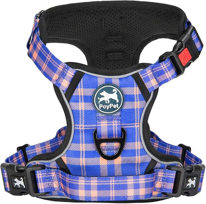 PoyPet No Pull Dog Harness, Reflective Adjustable No Choke Pet Vest with Front & Back 2 Leash Attachments, Soft Control Training Handle for Small Medium Large Dogs(Checkered Blue & Orange,S)