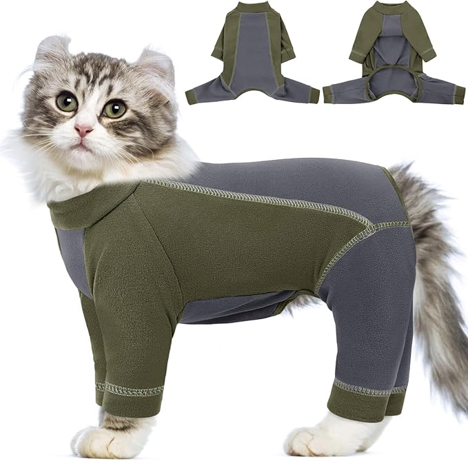 SUNFURA Hair Sticky Cat Clothes, Cat Sweater for Cats Only, 4-Legged Fleece Sweaters Kitten Pajamas Reduce Shedding Fur, Warm Pullover Shirts for Cats, Army Green M
