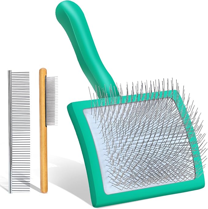 Slicker Brush for Dogs, Dog Grooming Supplies Long Pin Large Doodle Brush for Goldendoodles Poodles Bernedoodles, 3 Pcs Grooming Tools with Wooden Handle for Mats Tangles - Green