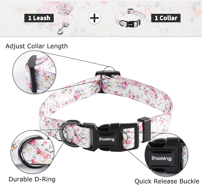 Ihoming Dog Collar and Leash Set for Daily Outdoor Walking Running Training, Floral Sky Design for Large Boys Girls Dogs Cats Pets, L-Up to 80LBS