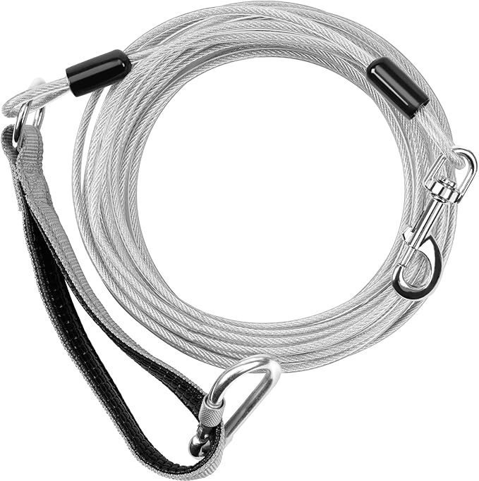 Long Leash Chew Proof, Tie Out Cable for Dogs 10/20/30/50 ft With Carabiner, Leads for Yard Medium Large Dogs, Padded Handle (Grey, 30Ft)