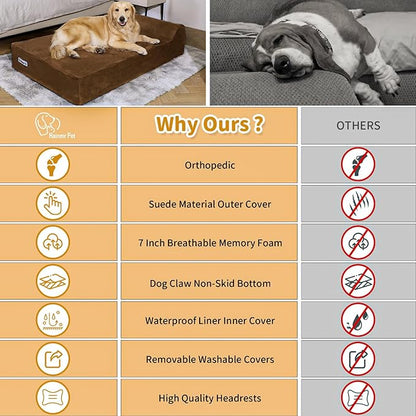 Rainmr Orthopedic Dog Beds for Large Dogs, 7" Memory Foam Dog Beds with Waterproof Liner, Durable Microsuede Cover, Removable and Washable, Nonskid Bottom, 48"x30"x7" L Chocolate