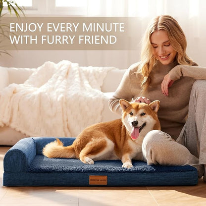 Patas Lague Orthopedic XL Dog Bed Large Sized Dog 48''X30'', Waterproof L Bolster Big Large Pet Sofa Beds with Removable Washable Cover, Soft Comfortable Pet Couch Crate Mat with Nonskid Bottom, Navy