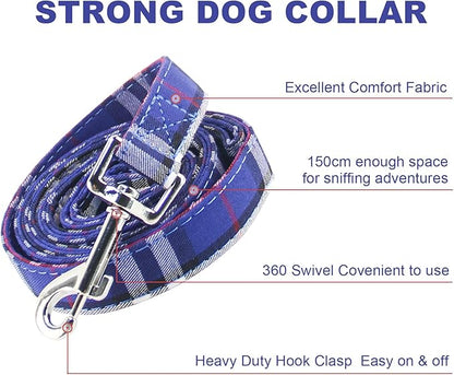 Yizepet Dog Collar and Leash Set-Plaid Puppy Collar with Bow Tie - Adjustable pet Collar for Dogs with Bell, Stylish Pattern for Small Medium or Large Boy and Girl Dog