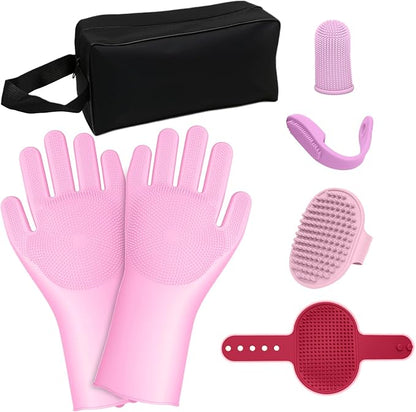 7-Piece Pet Grooming Kit with Storage Bag | Portable Bathing Set for Dogs & Cats | Includes Silicone Gloves, Deshedding Brushes & Finger Toothbrushes | All-in-One Pet Care (Pink)
