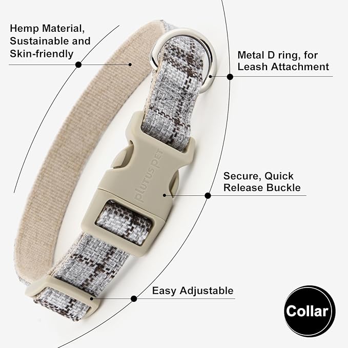 Plutus Pet Cotton Hemp Dog Collar and Leash Set, Adjustable Collar for Small, Medium, and Large Dogs, Heavy Duty and Soft on Skin, Gray Plaid, M